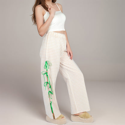 Anna-Kaci Women's Gingham Wide Leg Pants with Elastic Waistband Contrast Side Ribbon Tie Details and Relaxed Full-Length Fit