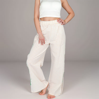 Anna-Kaci Women's Gingham Wide Leg Pants with Elastic Waistband Contrast Side Ribbon Tie Details and Relaxed Full-Length Fit
