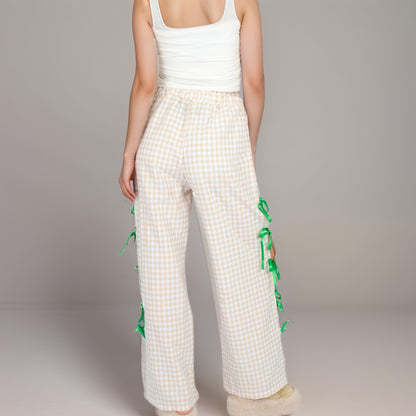 Anna-Kaci Women's Gingham Wide Leg Pants with Elastic Waistband Contrast Side Ribbon Tie Details and Relaxed Full-Length Fit
