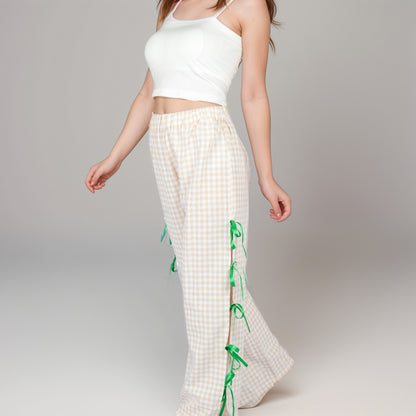 Anna-Kaci Women's Gingham Wide Leg Pants with Elastic Waistband Contrast Side Ribbon Tie Details and Relaxed Full-Length Fit