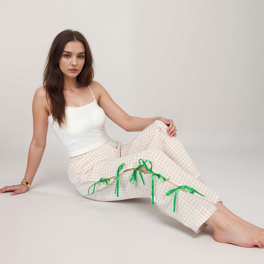 Anna-Kaci Women's Gingham Wide Leg Pants with Elastic Waistband Contrast Side Ribbon Tie Details and Relaxed Full-Length Fit