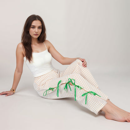 Anna-Kaci Women's Gingham Wide Leg Pants with Elastic Waistband Contrast Side Ribbon Tie Details and Relaxed Full-Length Fit