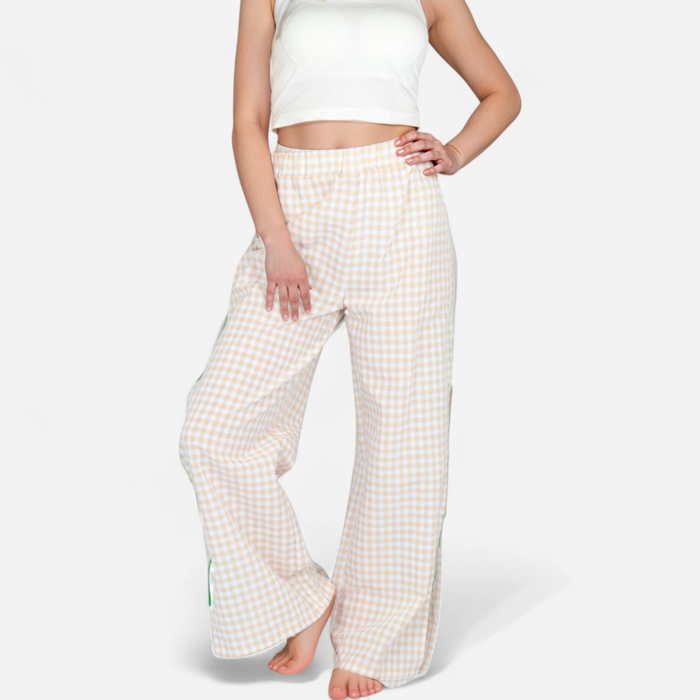 Anna-Kaci Women's Gingham Wide Leg Pants with Elastic Waistband Contrast Side Ribbon Tie Details and Relaxed Full-Length Fit