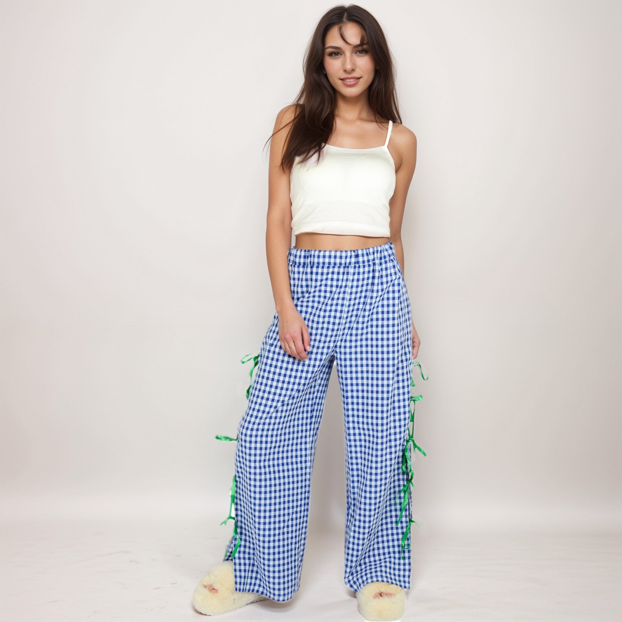 Anna-Kaci Women's Gingham Wide Leg Pants with Elastic Waistband Contrast Side Ribbon Tie Details and Relaxed Full-Length Fit