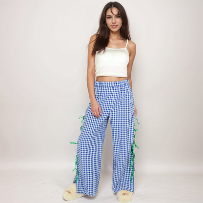 Anna-Kaci Women's Gingham Wide Leg Pants with Elastic Waistband Contrast Side Ribbon Tie Details and Relaxed Full-Length Fit