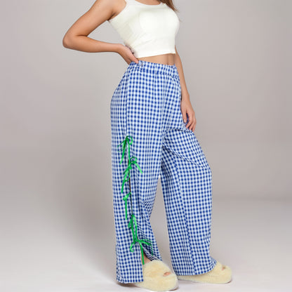 Anna-Kaci Women's Gingham Wide Leg Pants with Elastic Waistband Contrast Side Ribbon Tie Details and Relaxed Full-Length Fit