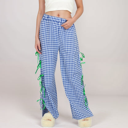 Anna-Kaci Women's Gingham Wide Leg Pants with Elastic Waistband Contrast Side Ribbon Tie Details and Relaxed Full-Length Fit