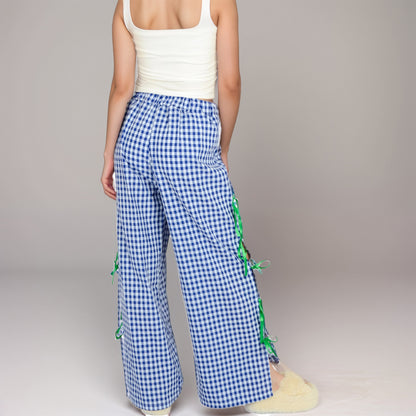 Anna-Kaci Women's Gingham Wide Leg Pants with Elastic Waistband Contrast Side Ribbon Tie Details and Relaxed Full-Length Fit