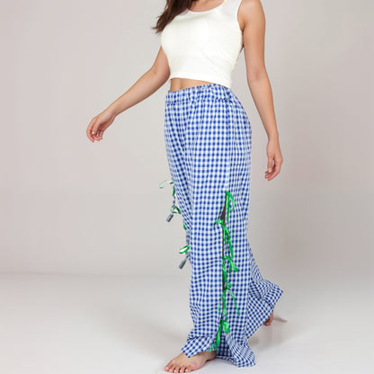 Anna-Kaci Women's Gingham Wide Leg Pants with Elastic Waistband Contrast Side Ribbon Tie Details and Relaxed Full-Length Fit