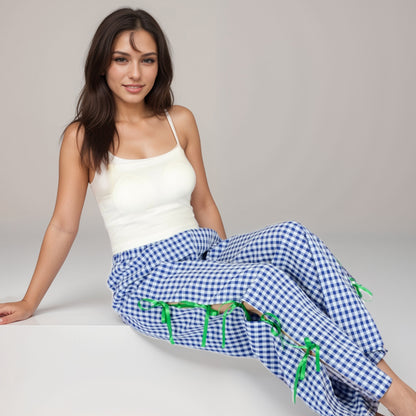Anna-Kaci Women's Gingham Wide Leg Pants with Elastic Waistband Contrast Side Ribbon Tie Details and Relaxed Full-Length Fit