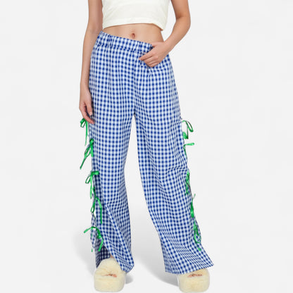 Anna-Kaci Women's Gingham Wide Leg Pants with Elastic Waistband Contrast Side Ribbon Tie Details and Relaxed Full-Length Fit