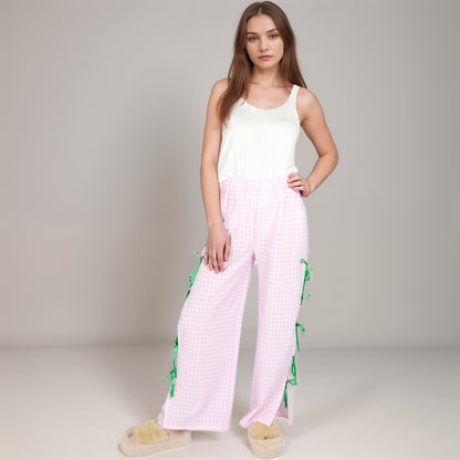 Anna-Kaci Women's Gingham Wide Leg Pants with Elastic Waistband Contrast Side Ribbon Tie Details and Relaxed Full-Length Fit