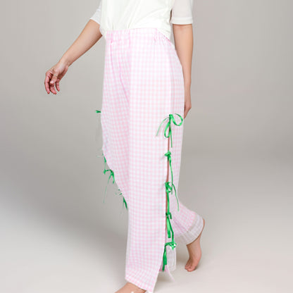 Anna-Kaci Women's Gingham Wide Leg Pants with Elastic Waistband Contrast Side Ribbon Tie Details and Relaxed Full-Length Fit