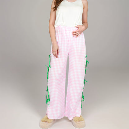 Anna-Kaci Women's Gingham Wide Leg Pants with Elastic Waistband Contrast Side Ribbon Tie Details and Relaxed Full-Length Fit