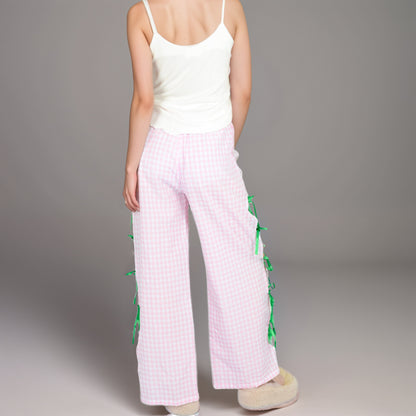 Anna-Kaci Women's Gingham Wide Leg Pants with Elastic Waistband Contrast Side Ribbon Tie Details and Relaxed Full-Length Fit