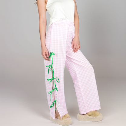 Anna-Kaci Women's Gingham Wide Leg Pants with Elastic Waistband Contrast Side Ribbon Tie Details and Relaxed Full-Length Fit