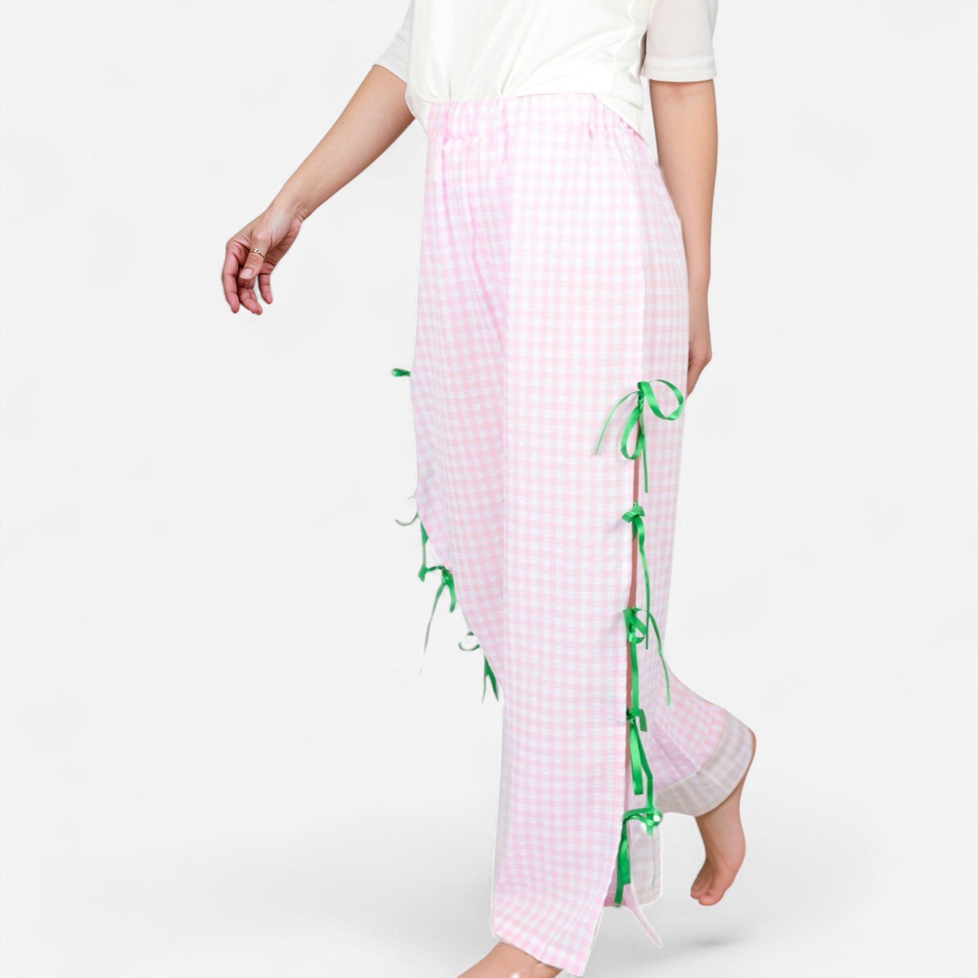 Anna-Kaci Women's Gingham Wide Leg Pants with Elastic Waistband Contrast Side Ribbon Tie Details and Relaxed Full-Length Fit