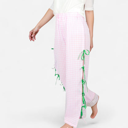 Anna-Kaci Women's Gingham Wide Leg Pants with Elastic Waistband Contrast Side Ribbon Tie Details and Relaxed Full-Length Fit