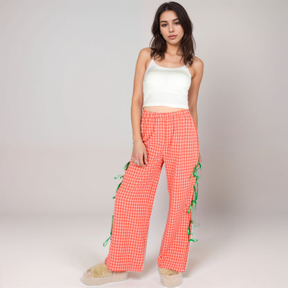 Anna-Kaci Women's Gingham Wide Leg Pants with Elastic Waistband Contrast Side Ribbon Tie Details and Relaxed Full-Length Fit