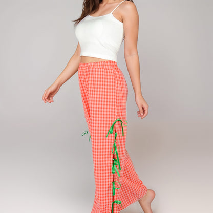 Anna-Kaci Women's Gingham Wide Leg Pants with Elastic Waistband Contrast Side Ribbon Tie Details and Relaxed Full-Length Fit