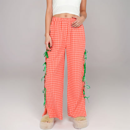 Anna-Kaci Women's Gingham Wide Leg Pants with Elastic Waistband Contrast Side Ribbon Tie Details and Relaxed Full-Length Fit