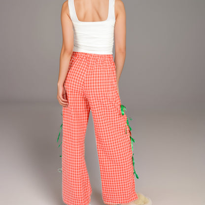 Anna-Kaci Women's Gingham Wide Leg Pants with Elastic Waistband Contrast Side Ribbon Tie Details and Relaxed Full-Length Fit