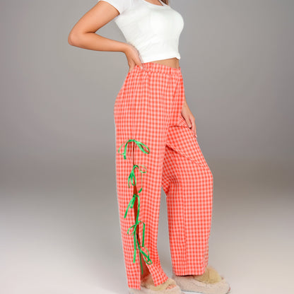Anna-Kaci Women's Gingham Wide Leg Pants with Elastic Waistband Contrast Side Ribbon Tie Details and Relaxed Full-Length Fit