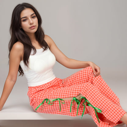 Anna-Kaci Women's Gingham Wide Leg Pants with Elastic Waistband Contrast Side Ribbon Tie Details and Relaxed Full-Length Fit