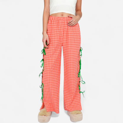 Anna-Kaci Women's Gingham Wide Leg Pants with Elastic Waistband Contrast Side Ribbon Tie Details and Relaxed Full-Length Fit