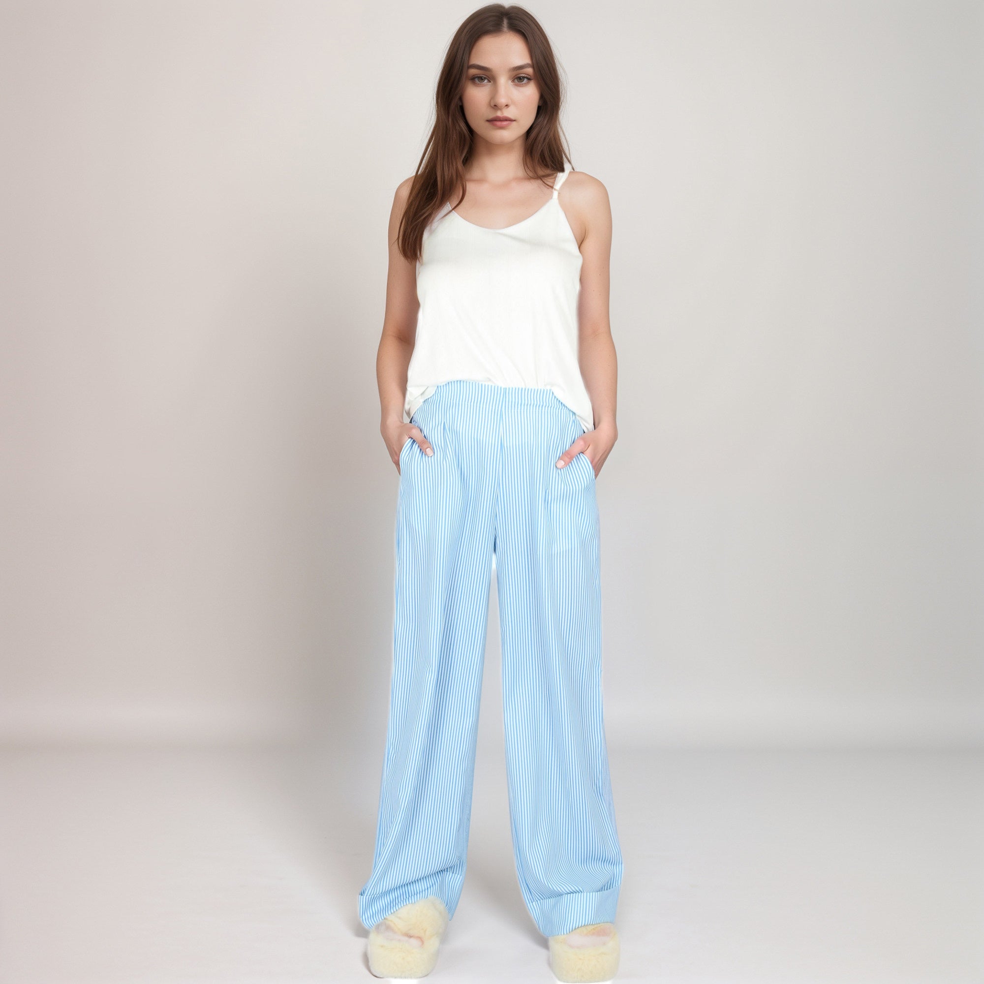 Anna-Kaci Women's Vertical Red Stripe Wide Leg Pants with High Rise Waistband Relaxed Fit and Full-Length Flowing Silhouette