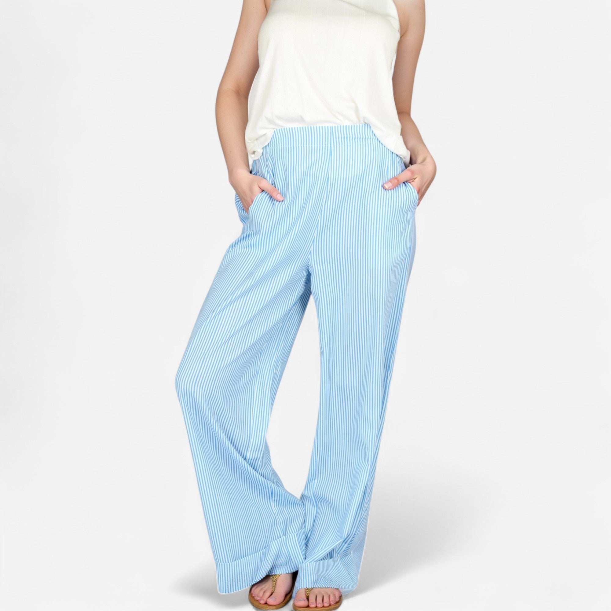 Anna-Kaci Women's Vertical Red Stripe Wide Leg Pants with High Rise Waistband Relaxed Fit and Full-Length Flowing Silhouette