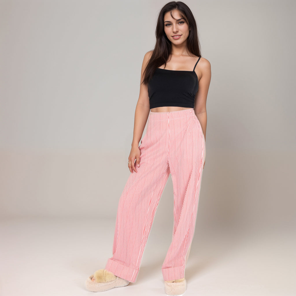 Anna-Kaci Women's Vertical Red Stripe Wide Leg Pants with High Rise Waistband Relaxed Fit and Full-Length Flowing Silhouette