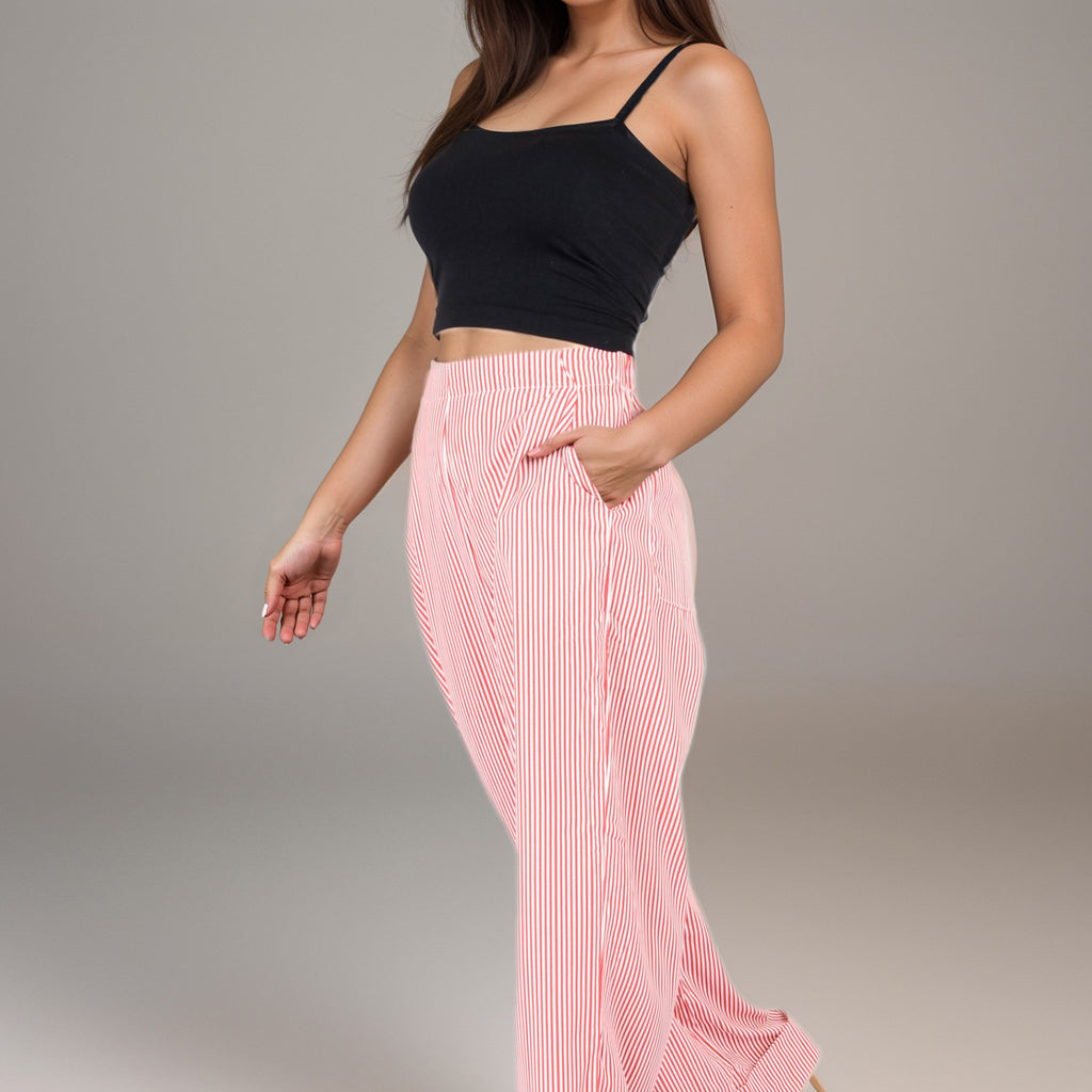 Anna-Kaci Women's Vertical Red Stripe Wide Leg Pants with High Rise Waistband Relaxed Fit and Full-Length Flowing Silhouette
