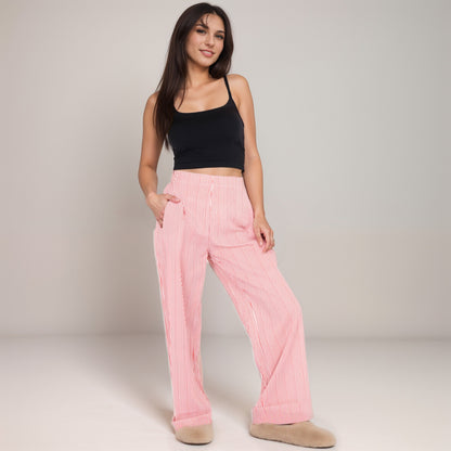 Anna-Kaci Women's Vertical Red Stripe Wide Leg Pants with High Rise Waistband Relaxed Fit and Full-Length Flowing Silhouette