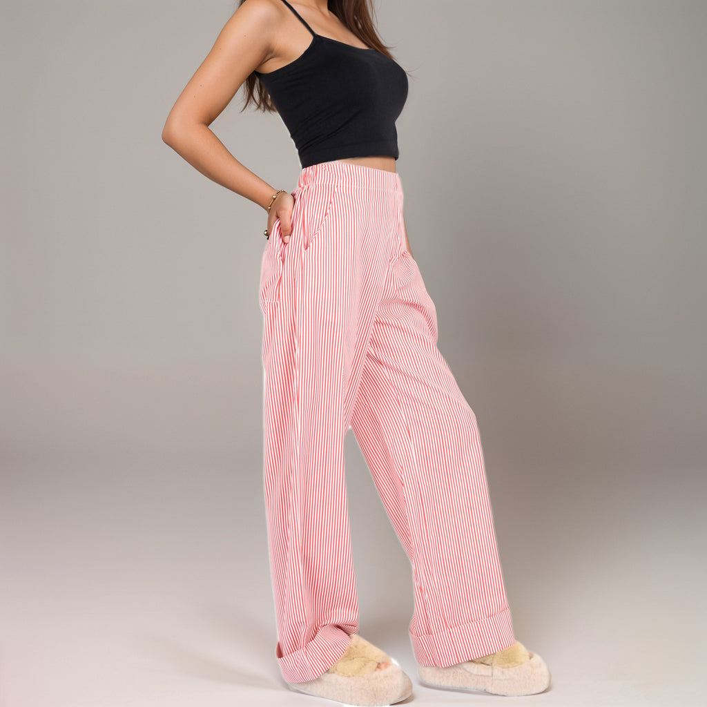 Anna-Kaci Women's Vertical Red Stripe Wide Leg Pants with High Rise Waistband Relaxed Fit and Full-Length Flowing Silhouette