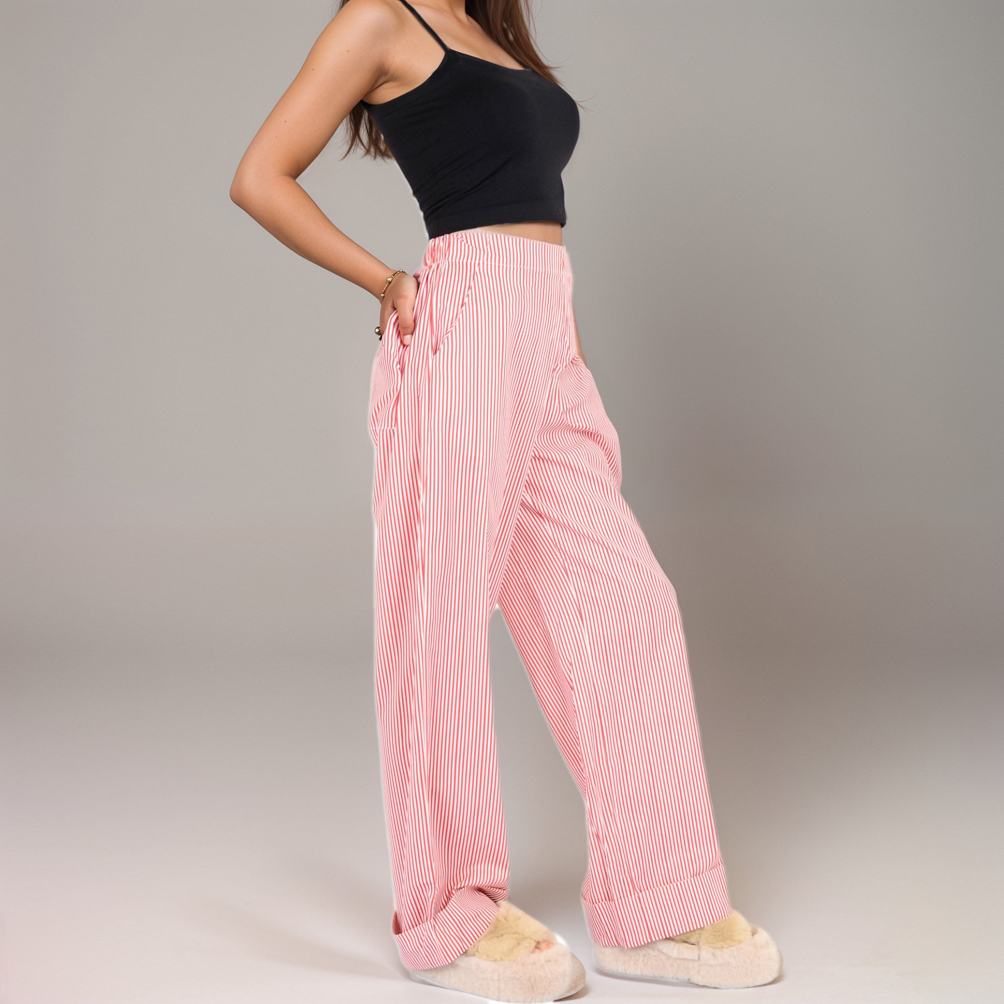 Anna-Kaci Women's Vertical Red Stripe Wide Leg Pants with High Rise Waistband Relaxed Fit and Full-Length Flowing Silhouette