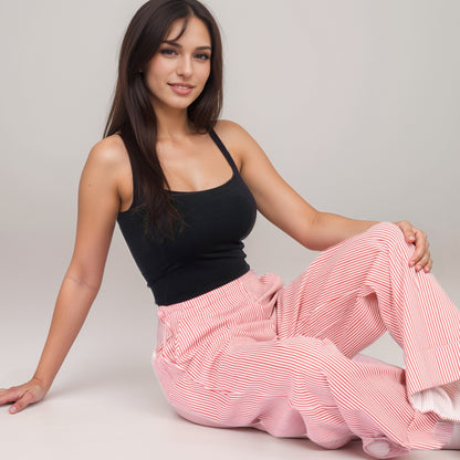 Anna-Kaci Women's Vertical Red Stripe Wide Leg Pants with High Rise Waistband Relaxed Fit and Full-Length Flowing Silhouette