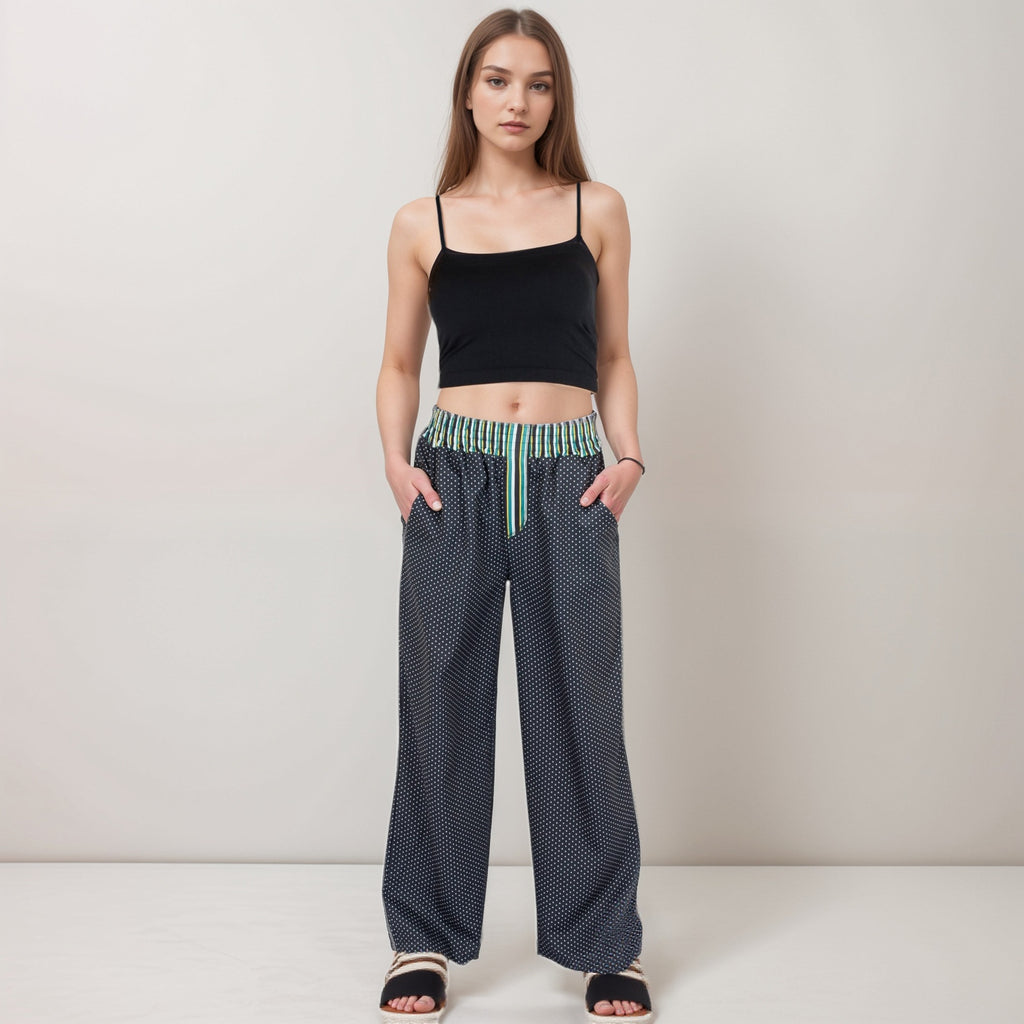 Anna-Kaci Women's Red Vertical Stripe Wide Leg Pants with Smocked Waistband Contrast Plaid Detail and Relaxed Full-Length Fit