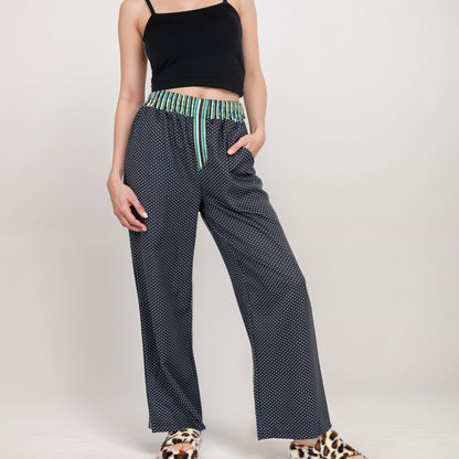 Anna-Kaci Women's Red Vertical Stripe Wide Leg Pants with Smocked Waistband Contrast Plaid Detail and Relaxed Full-Length Fit