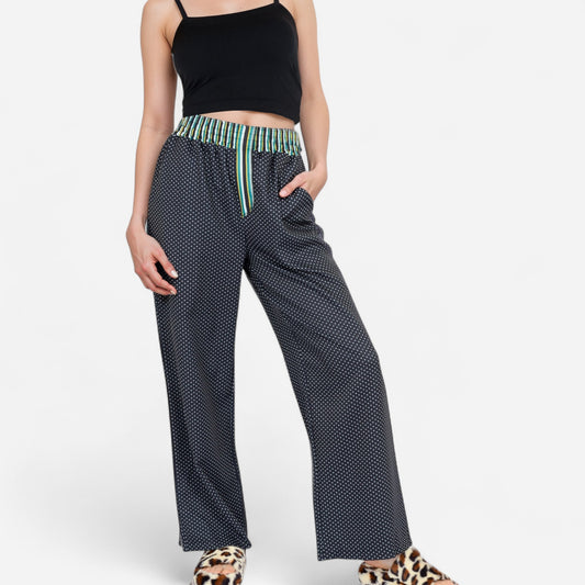 Anna-Kaci Women's Red Vertical Stripe Wide Leg Pants with Smocked Waistband Contrast Plaid Detail and Relaxed Full-Length Fit