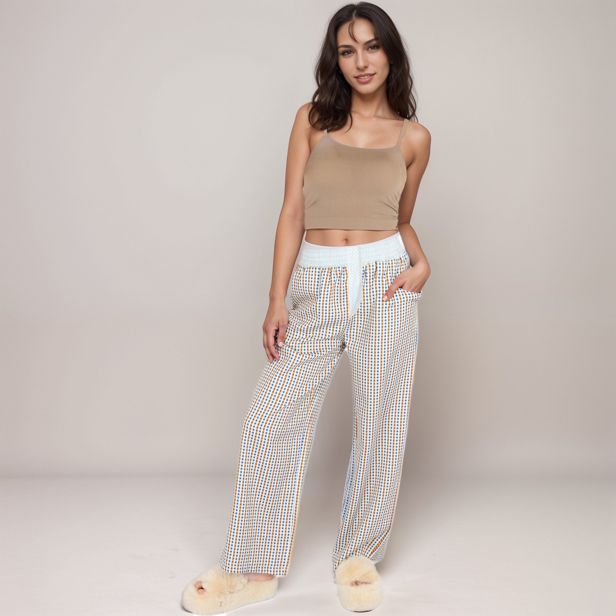 Anna-Kaci Women's Red Vertical Stripe Wide Leg Pants with Smocked Waistband Contrast Plaid Detail and Relaxed Full-Length Fit