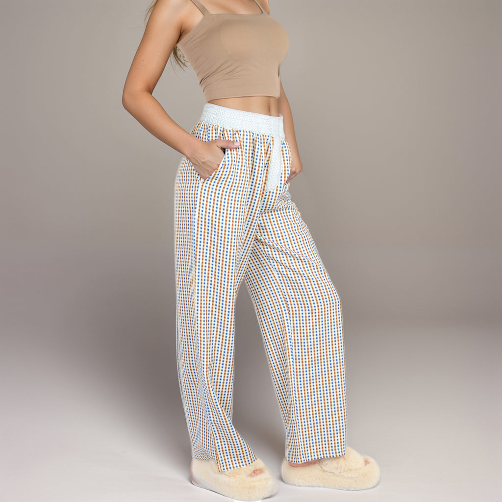 Anna-Kaci Women's Red Vertical Stripe Wide Leg Pants with Smocked Waistband Contrast Plaid Detail and Relaxed Full-Length Fit