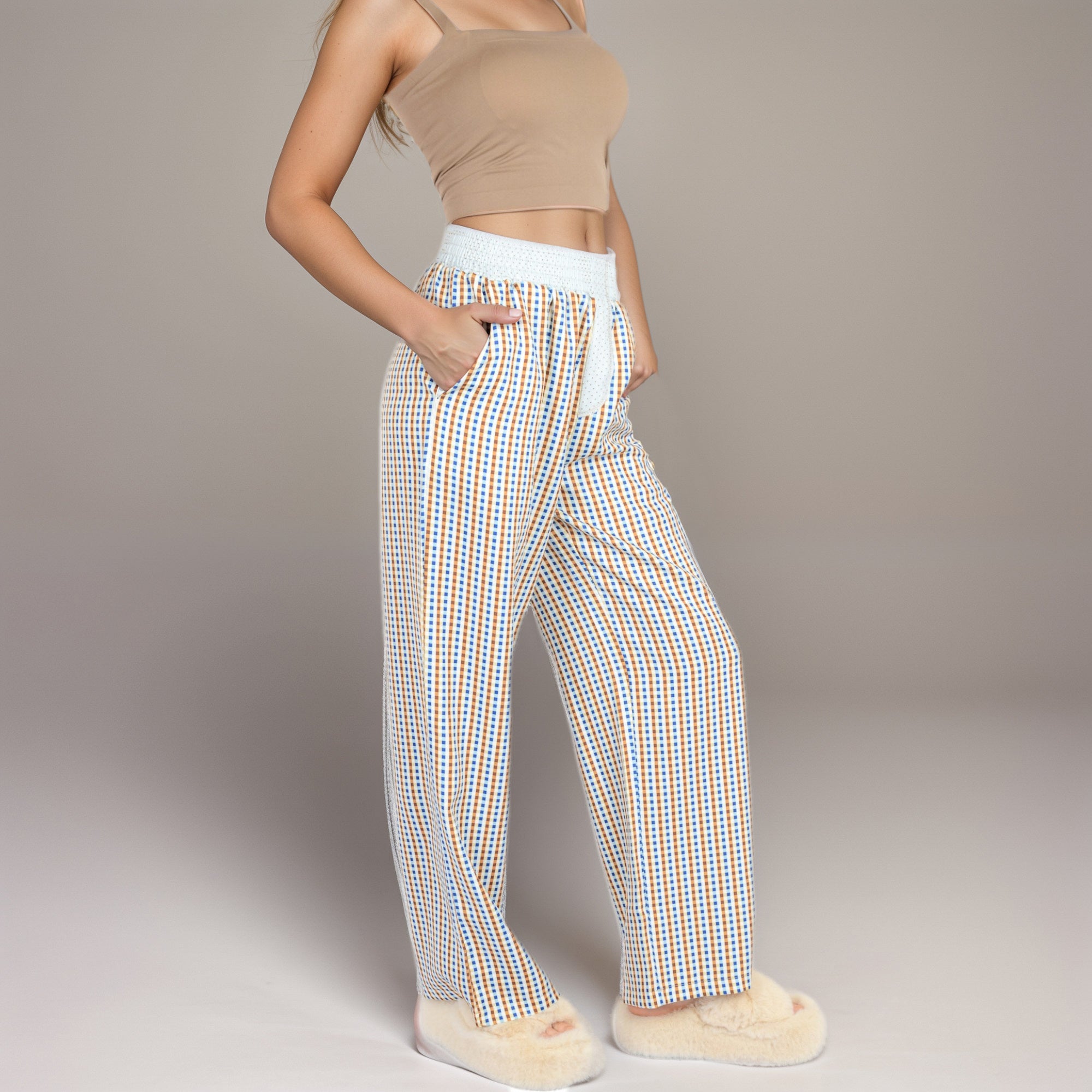 Anna-Kaci Women's Red Vertical Stripe Wide Leg Pants with Smocked Waistband Contrast Plaid Detail and Relaxed Full-Length Fit