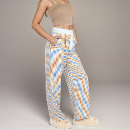 Anna-Kaci Women's Red Vertical Stripe Wide Leg Pants with Smocked Waistband Contrast Plaid Detail and Relaxed Full-Length Fit