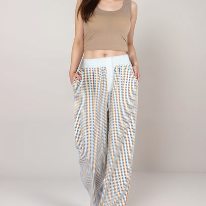 Anna-Kaci Women's Red Vertical Stripe Wide Leg Pants with Smocked Waistband Contrast Plaid Detail and Relaxed Full-Length Fit