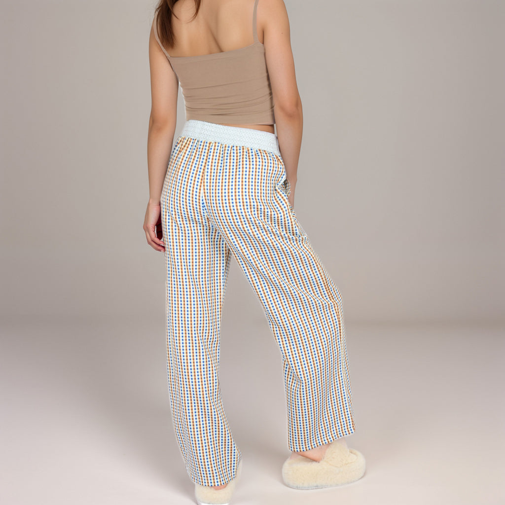 Anna-Kaci Women's Red Vertical Stripe Wide Leg Pants with Smocked Waistband Contrast Plaid Detail and Relaxed Full-Length Fit