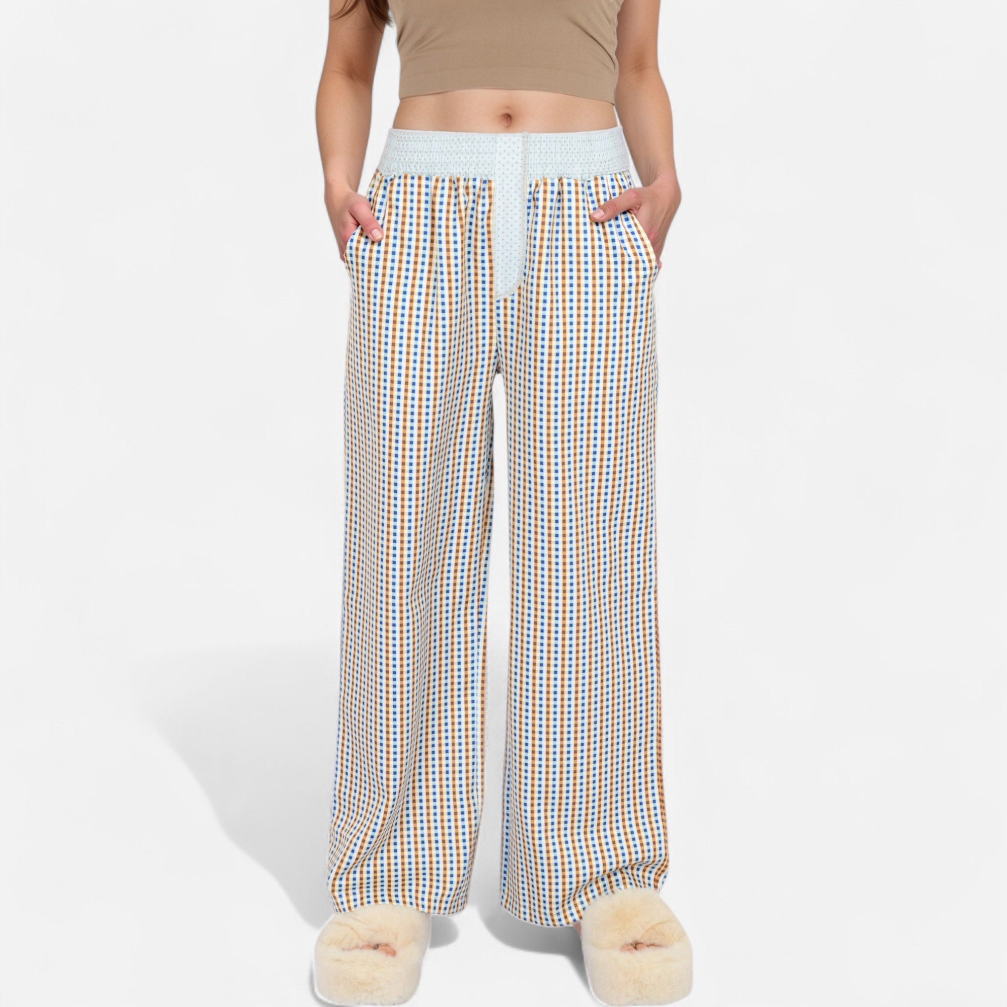 Anna-Kaci Women's Red Vertical Stripe Wide Leg Pants with Smocked Waistband Contrast Plaid Detail and Relaxed Full-Length Fit