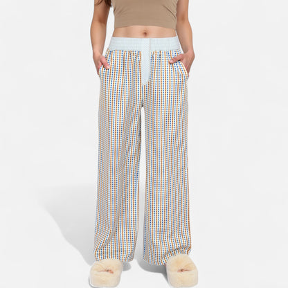 Anna-Kaci Women's Red Vertical Stripe Wide Leg Pants with Smocked Waistband Contrast Plaid Detail and Relaxed Full-Length Fit