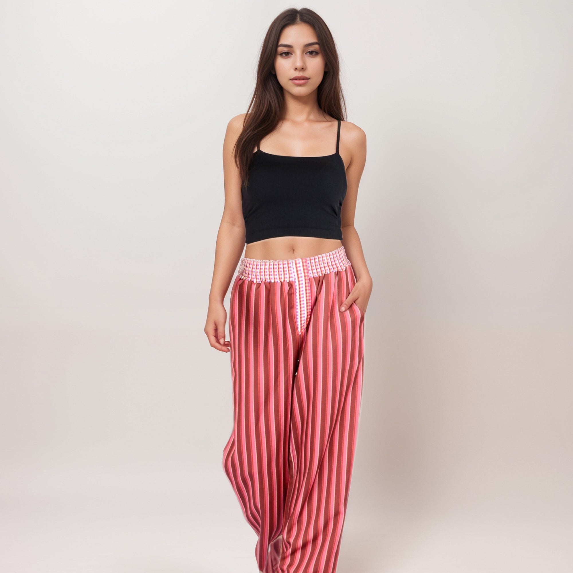Anna-Kaci Women's Red Vertical Stripe Wide Leg Pants with Smocked Waistband Contrast Plaid Detail and Relaxed Full-Length Fit