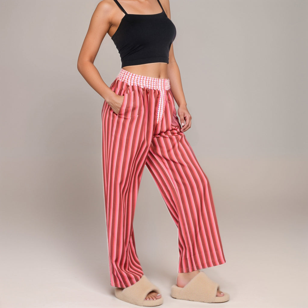 Anna-Kaci Women's Red Vertical Stripe Wide Leg Pants with Smocked Waistband Contrast Plaid Detail and Relaxed Full-Length Fit